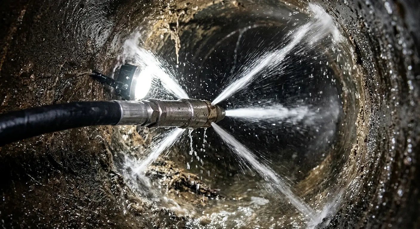 High-pressure hydro jetting nozzle cleaning sewer pipe for Trenchless Sewer Repair in Glasgow