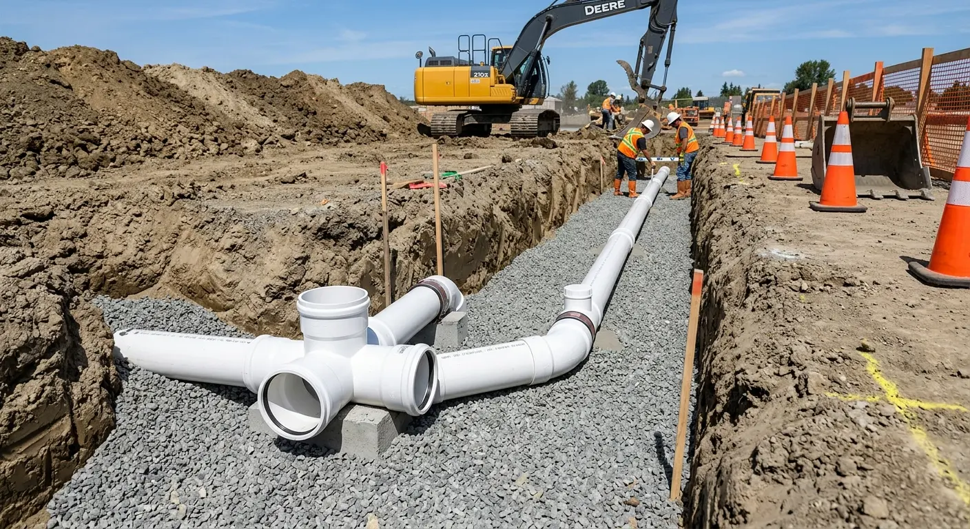 New PVC sewer pipe installation in open trench for Sewer Backup in Glasgow