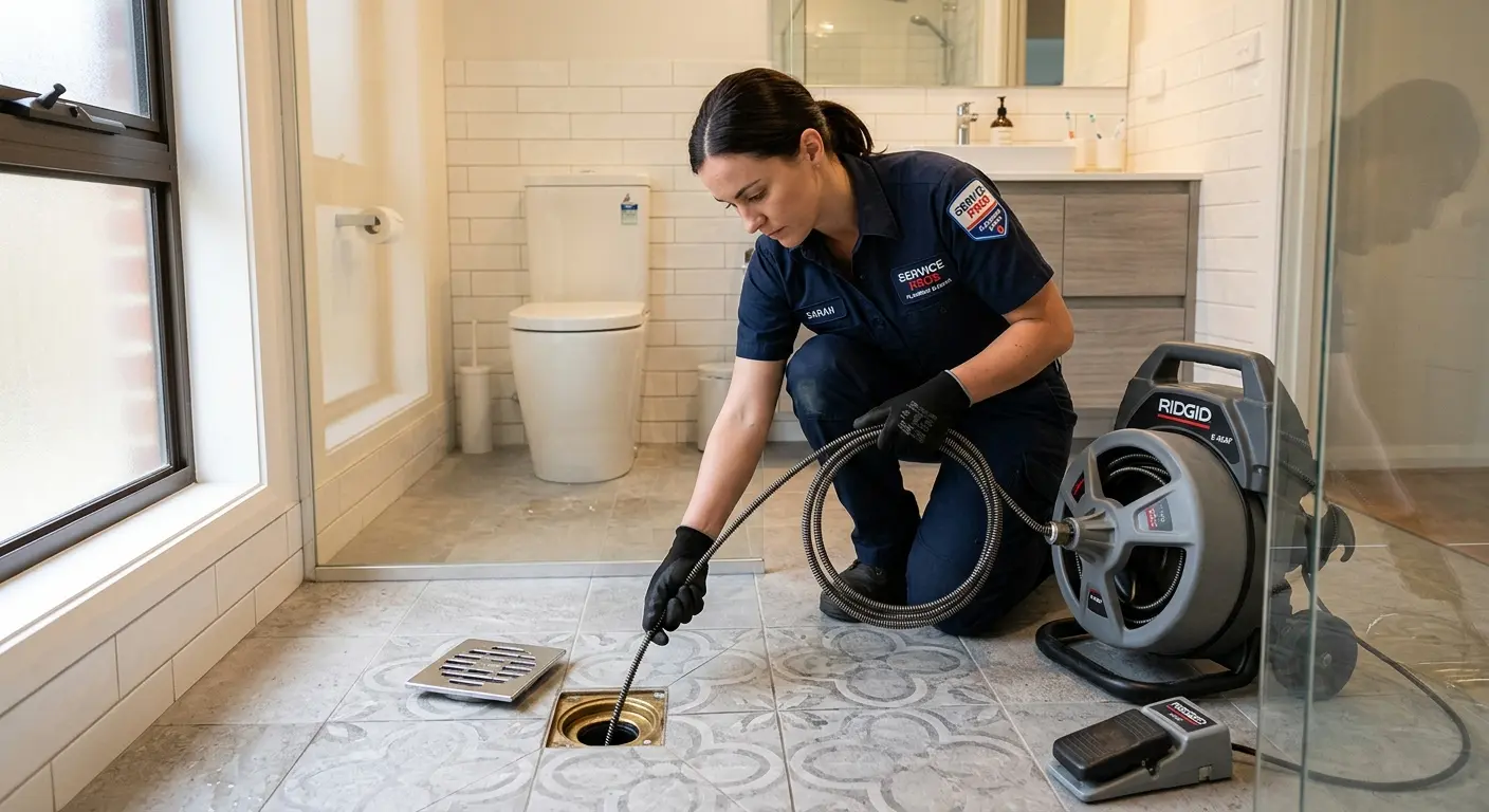 Technician clearing a bathroom floor drain for Sewer Line Replacement in Glasgow